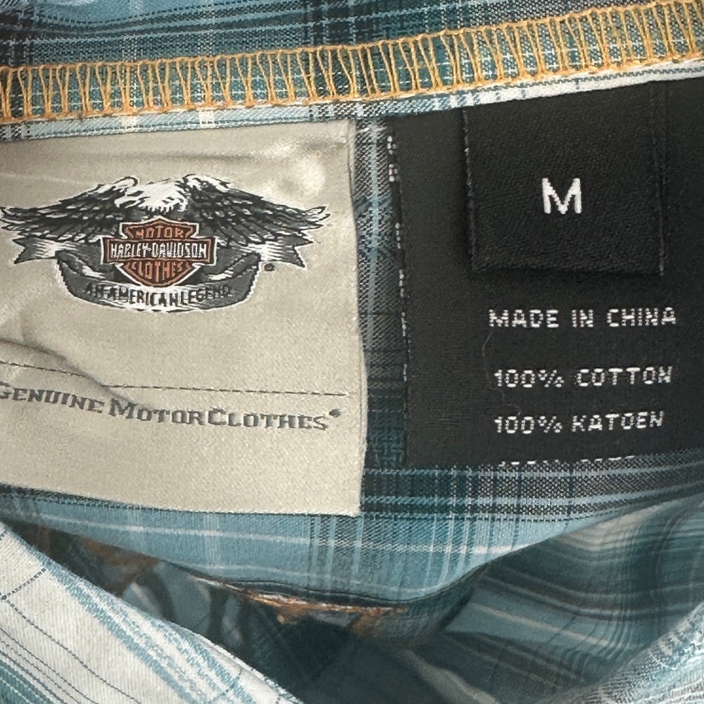 Harley Davidson Western Shirt Women Medium Turquoise Plaid Snap Embroidered EUC - Picture 7 of 8